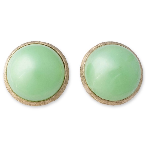 Vintage Coro Green Moonglow Lucite Clip On Earrings Large Cabochon Gold Tone